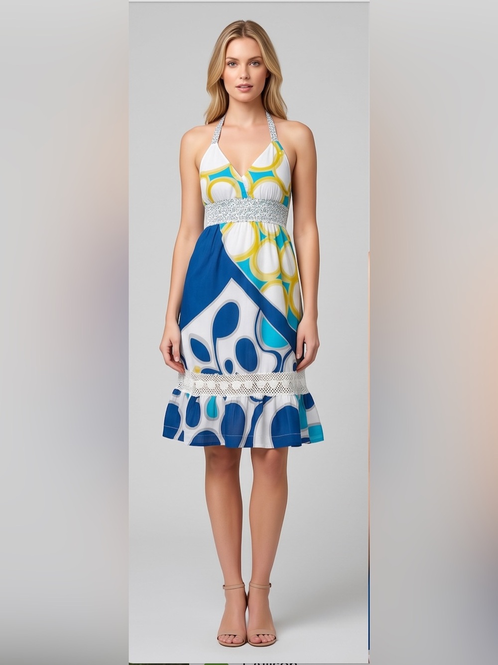 ROXY Geometric Abstract Halter Dress Crochet Lace Trim Ruffle Blue Yellow